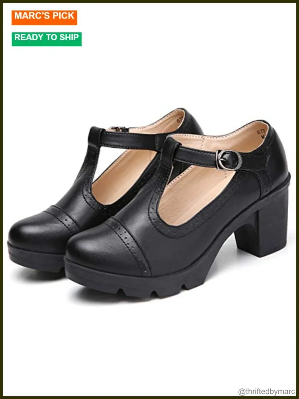 Leather T-Strap Platform Chunky Mid-Heel Mary Jane Square Toe Oxfords Dress
